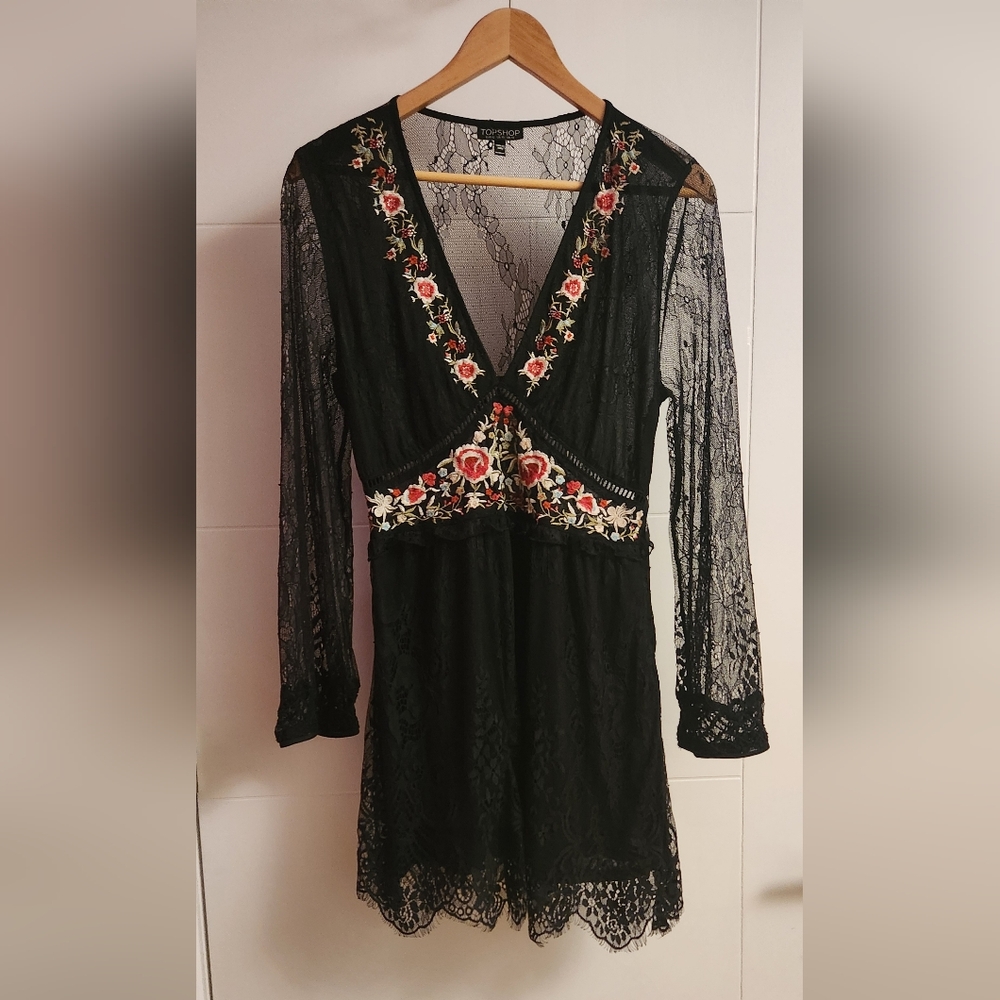 Topshop Black and Pink Babydoll Dress with Bishop Sleeves